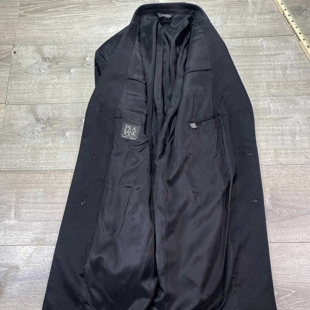Jos A Bank Cashmere Topcoat Men 44L Black‎ 3 Button Tailored Traveler's Overcoat